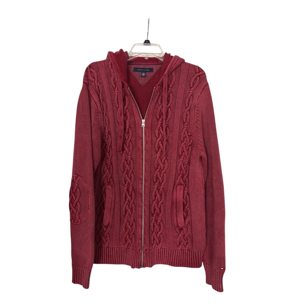 Tommy Hilfiger Men’s Full Zip Maroon Cable Knit Sweater Jacket w/Hood Size L